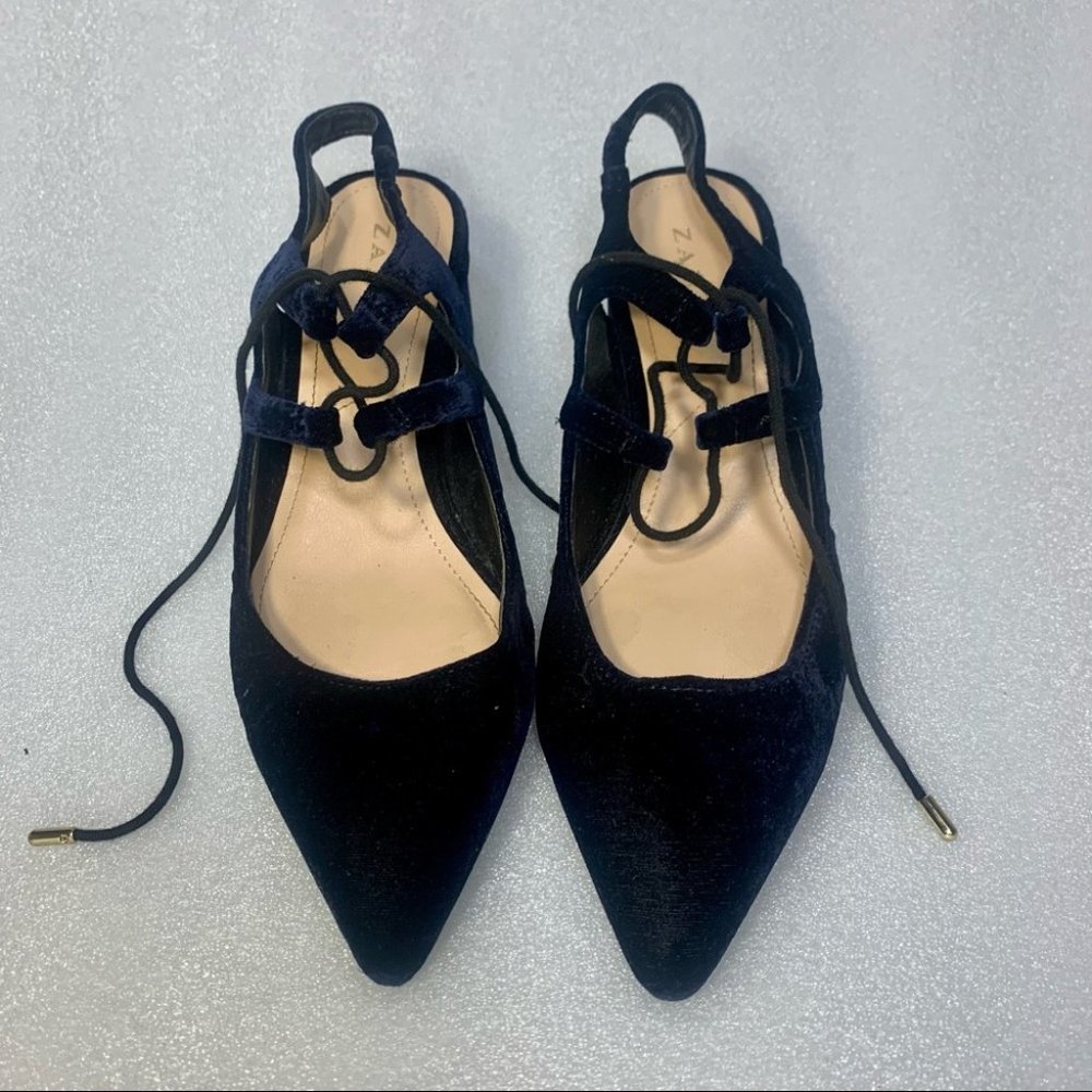 Zara Navy Blue Velvet Lace Up Slip On Block Heels!